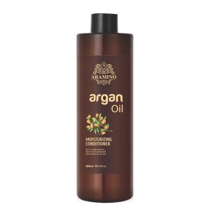 A bottle of nourishing conditioner featuring Argan Oil, displayed against a soft background.
